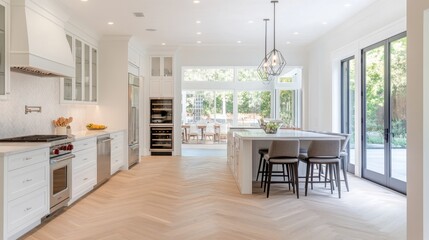 Fototapeta premium A bright, open-concept kitchen with sleek white cabinetry and polished herringbone parquet flooring.