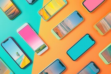 A collection of smartphones is grouped on a colorful surface, showcasing various short videos and engaging stories for viewers. Generative AI