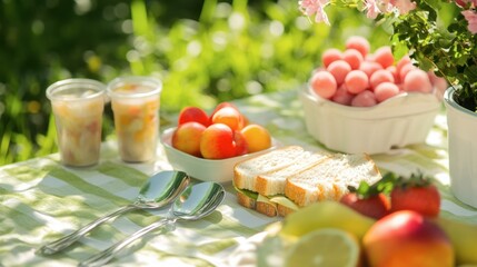 A casual outdoor setting with a plastic spoon and fork on a picnic table surrounded by fresh fruit and sandwiches.