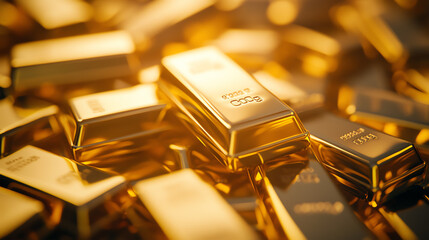 Close-up view of shining gold bars stacked together, showcasing luxury and wealth, perfect for finance and investment themes.