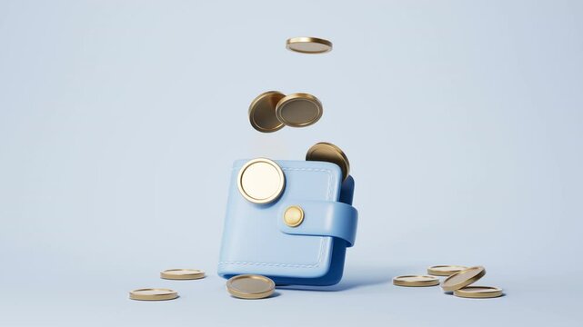 An animation of a wallet spitting out coins against a blue background,3D rendering