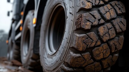 Worn Out Truck Tire Closeup    Cracked Rubber   Heavy Duty   Industrial   Transportation