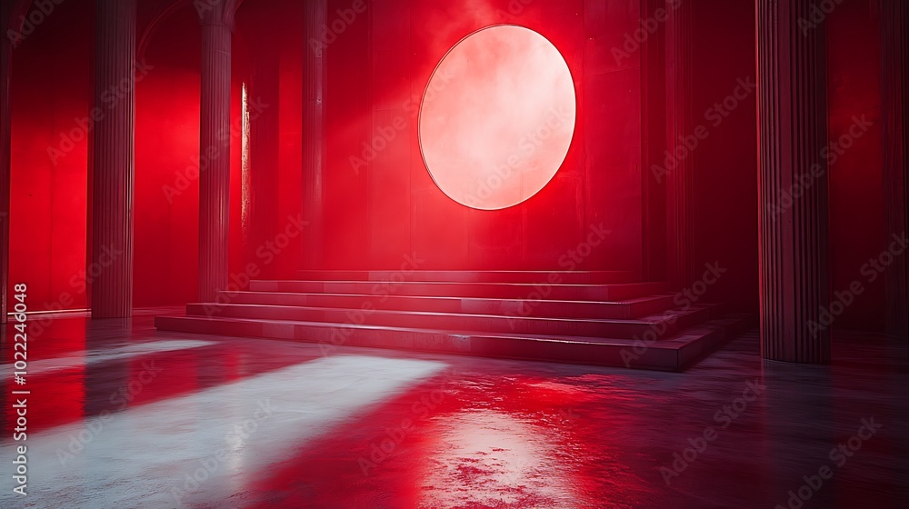 Poster red room with columns and steps, with a large round window.