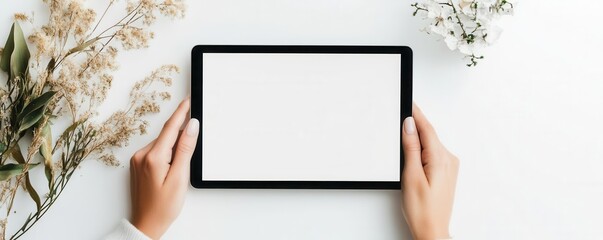 Fototapeta premium Hands holding a tablet horizontally, with an empty white screen ready for input, shot against a white background
