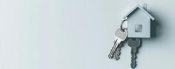 House keys attached to a metallic keychain shaped like a house, isolated on a simple white background