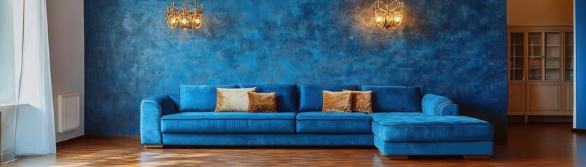 Living room with a blue sectional couch, wooden floors, and decorative gold lighting fixtures against a textured blue feature wall