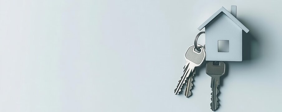 House keys attached to a metallic keychain shaped like a house, isolated on a simple white background