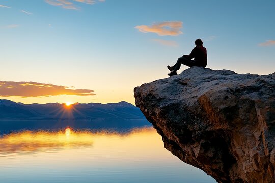 A quiet scene of a person sitting on a rock at the edge of a cliff, watching the sunset over the mountains, representing the transcendentalist search for meaning in solitude and nature