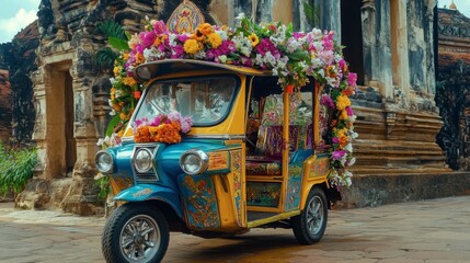 Obraz premium A colorful tuk-tuk decorated with flowers, parked in front of a historic temple, showcasing the fusion of culture and transportation.