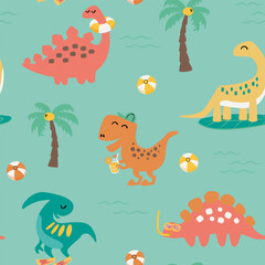 Dinosaurs at sea seamless pattern. Cute cartoon Dinos with lifebuoy, surfboard, fins, palm, ball, ice cream, and lemonade in flat style.