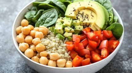 A colorful vegetarian Buddha bowl with chickpeas, spinach, quinoa, and avocado.