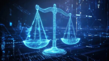 Digital scales of justice, glowing blue, hovering in a cybernetic, futuristic space filled with data streams