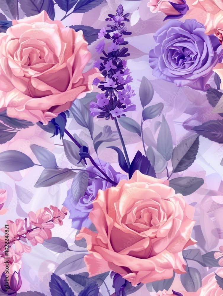 Poster A vibrant display of roses and lavender creates a harmonious floral pattern, showcasing rich colors and gentle textures that brighten any space. Generative AI