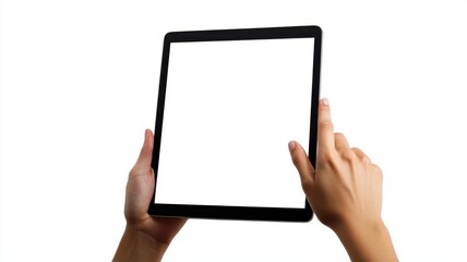 Hands holding a blank tablet with a white screen, fingers positioned for tapping, against a white backdrop
