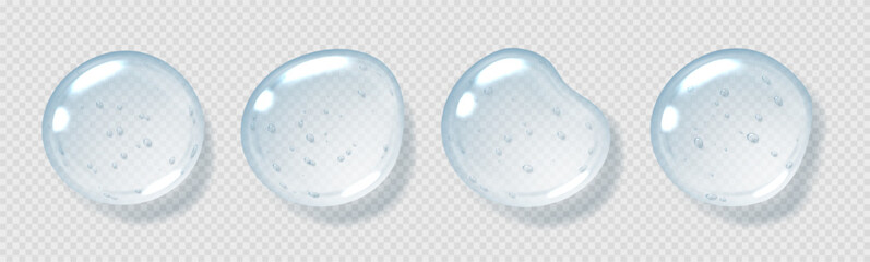 Serum drops, clear gel droplets, realistic glossy liquid, moisturizing cosmetic product, hyaluronic acid concept. Vector illustration.