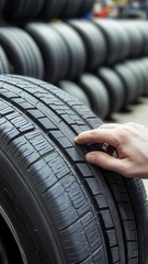 A mechanic s hand gripping the tread of a new tire in an automotive shop, with rows of tires in the background