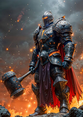 Epic Armored Warrior with War Hammer in Fiery Battle Scene