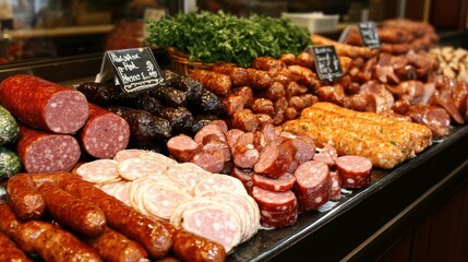 Obraz premium A deli counter filled with a variety of ham sausages, including spicy, smoked, and herb-flavored varieties, displayed in an inviting manner.