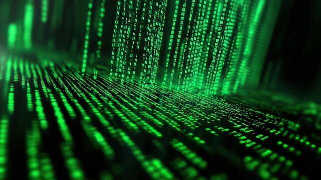 A cascade of green binary code flowing down a black screen, representing hacking, cybersecurity, or the digital matrix