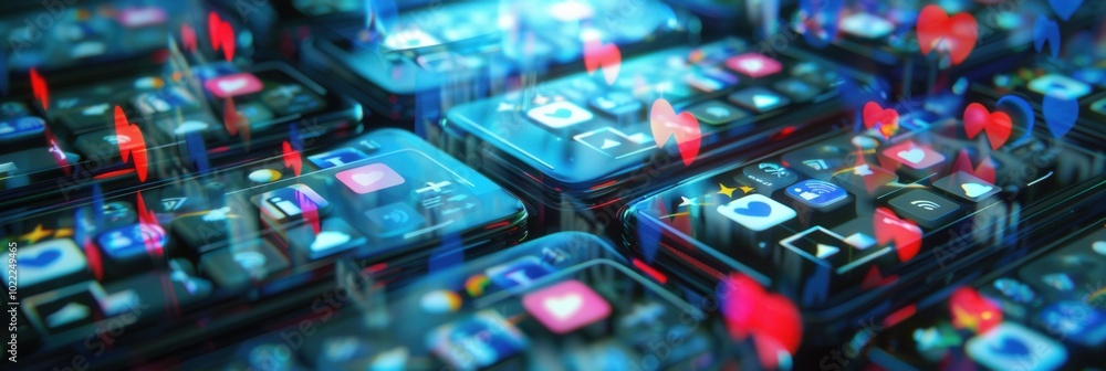 Poster a collection of smartphones shows dynamic like and comment icons, depicting active social media inte