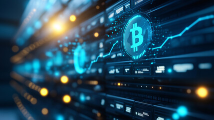Fototapeta premium Bitcoin mining farm showcasing cryptocurrency trading, with graphs illustrating market trends, growth, and decline in digital currency values for effective investment strategies