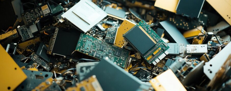 A pile of discarded electronics and circuit boards, symbolizing ewaste and environmental impact
