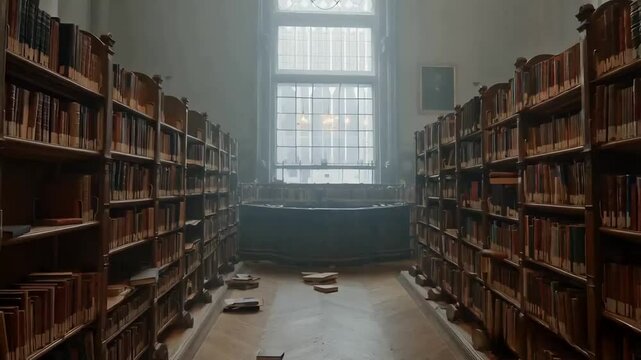 Dusty library where books slowly slide out of the shelves and thud onto the floor as it passes