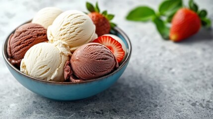Delicious Ice Cream Scoops in Blue Bowl with Strawberries