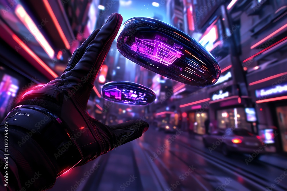 Poster fantasy artwork of a futuristic online shopping spree in a neon-lit virtual mall, where holographic 