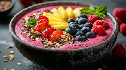 A smoothie bowl filled with colorful fruits, granola, and seeds for healthy eating