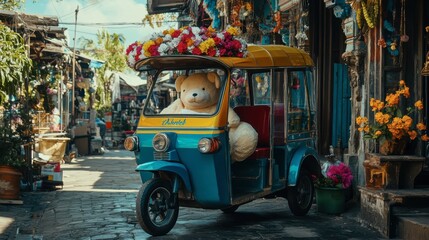 A playful image of a tuk-tuk with a large stuffed animal in the passenger seat, adding a fun and whimsical touch to the scene.