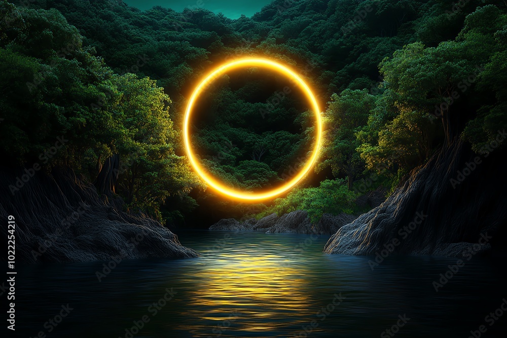 Poster fantasy artwork of a glowing orb of light floating above a serene forest, symbolizing the transcende