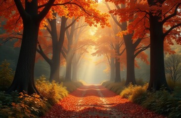 Fototapeta premium Golden sunlight filters through vibrant autumn trees lining a serene woodland path in a tranquil forest
