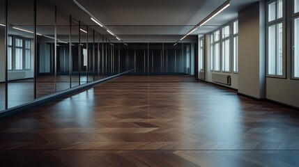 Naklejka premium An empty dance studio with wide mirrors and rich dark oak parquet flooring, ready for ballet practice.