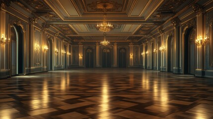 An empty grand ballroom with ornate parquet floors and gilded details on the walls, ready for an elegant event.