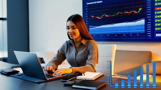 J&oacute;ven mujer emprendedora trabajando en su laptop, en su elegante oficina, en su escritorio, con su tel&eacute;fono, calculadora, apuntes, chatea por internet. Un gr&aacute;fico de ventas y ganancias en crecimiento.