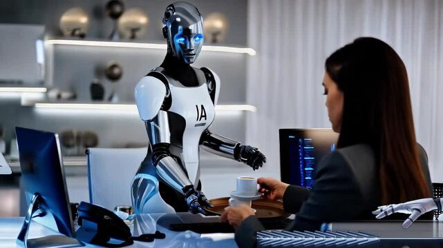 Mujer de negocios trabajando en su oficina, asistada por su robot que tiene integrada Inteligencia Artifical. El Ciborg le acerca una bandeja con caf&eacute;.