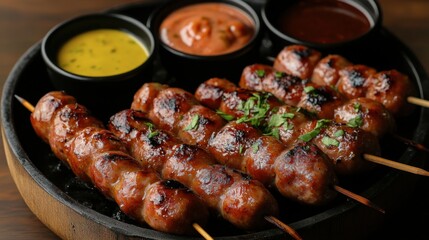 Ham sausages on skewers, grilled to perfection and served with a variety of dipping sauces, perfect for a party or BBQ.