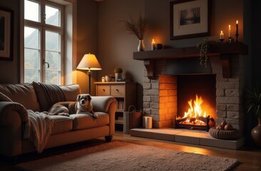 Fototapeta premium Cozy evening by the fireplace with a dog in a warm living room surrounded by soft lighting and rustic decor