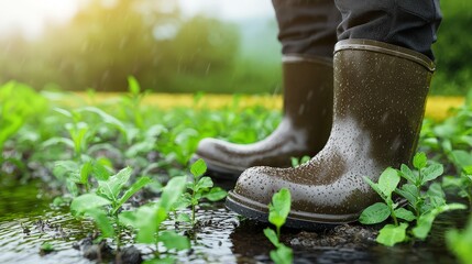 Farmer in Rubber Boots Walking Through Flooded Cornfield