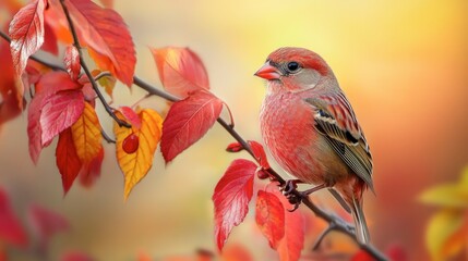 A vibrant little finch sitting on a branch, surrounded by colorful autumn leaves, capturing the beauty of the season.