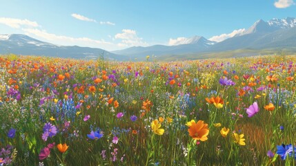 Fototapeta premium A vibrant meadow filled with colorful wildflowers swaying gently in the breeze, with a clear blue sky above and distant mountains in the background.