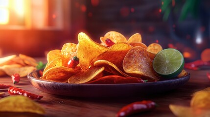 A vibrant shot of spicy potato chips with chili peppers and lime on the side.