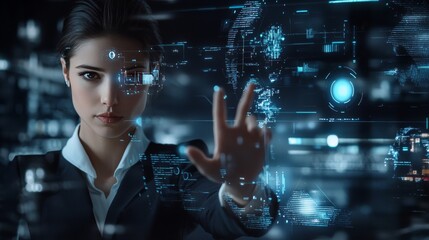 Futuristic Businesswoman Interacting with Digital Interfaces