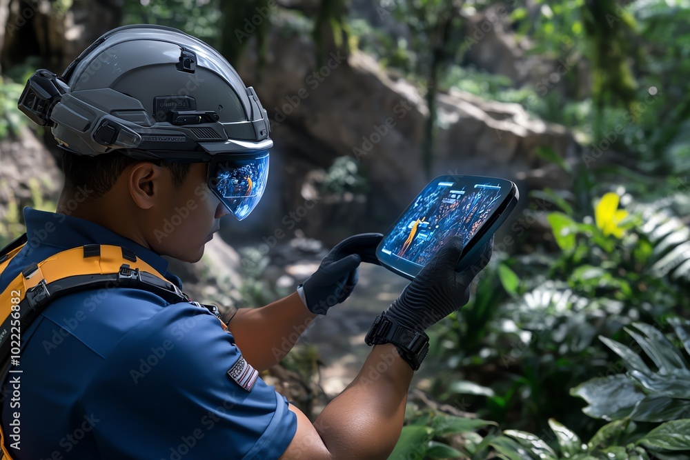 Poster Fantasy depiction of workers using floating holographic screens in a mystical forest, combining nature and technology in tomorrowâ€™s workforce