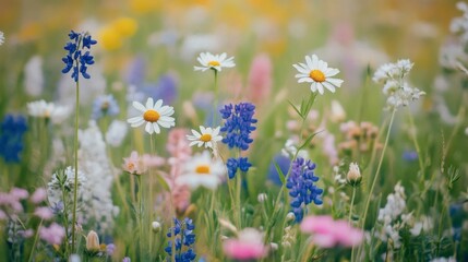 Fototapeta premium A wildflower field dotted with various species, creating a tapestry of colors and shapes, celebrating the diversity of nature.