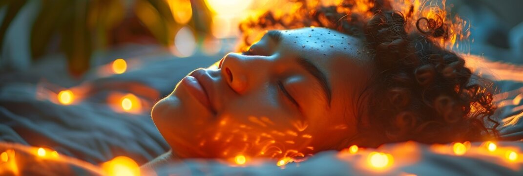 Demonstrate stress relief techniques an image of someone practicing yoga nidra lying comfortably with guided relaxation