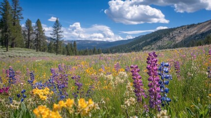Obraz premium A wildflower meadow dotted with wild grasses, creating a natural tapestry of colors and textures in a harmonious setting.
