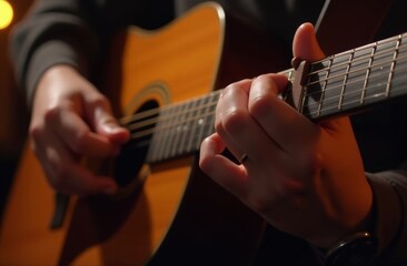 Musician playing acoustic guitar in a cozy setting during an evening performance