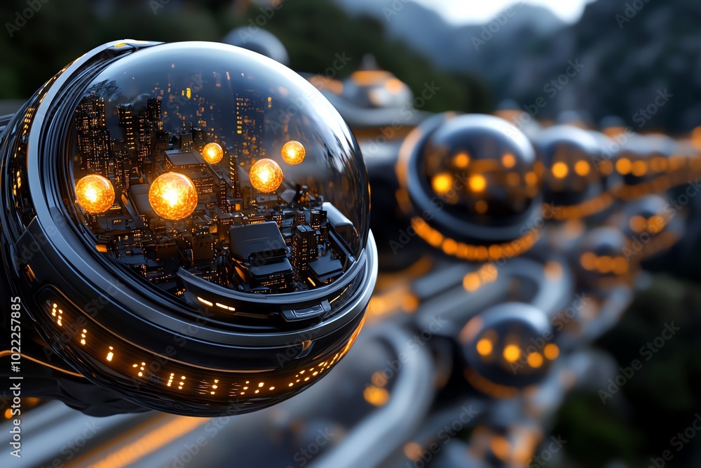 Poster fantasy scene of a futuristic floating city where workers communicate via glowing orbs of light, rep